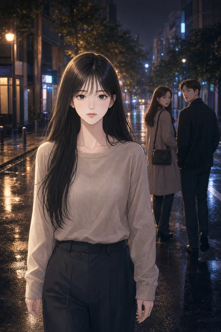 비 갠 밤거리를 정면으로 걸어오는 낯선 얼굴과 그를 돌아보는 행인 둘