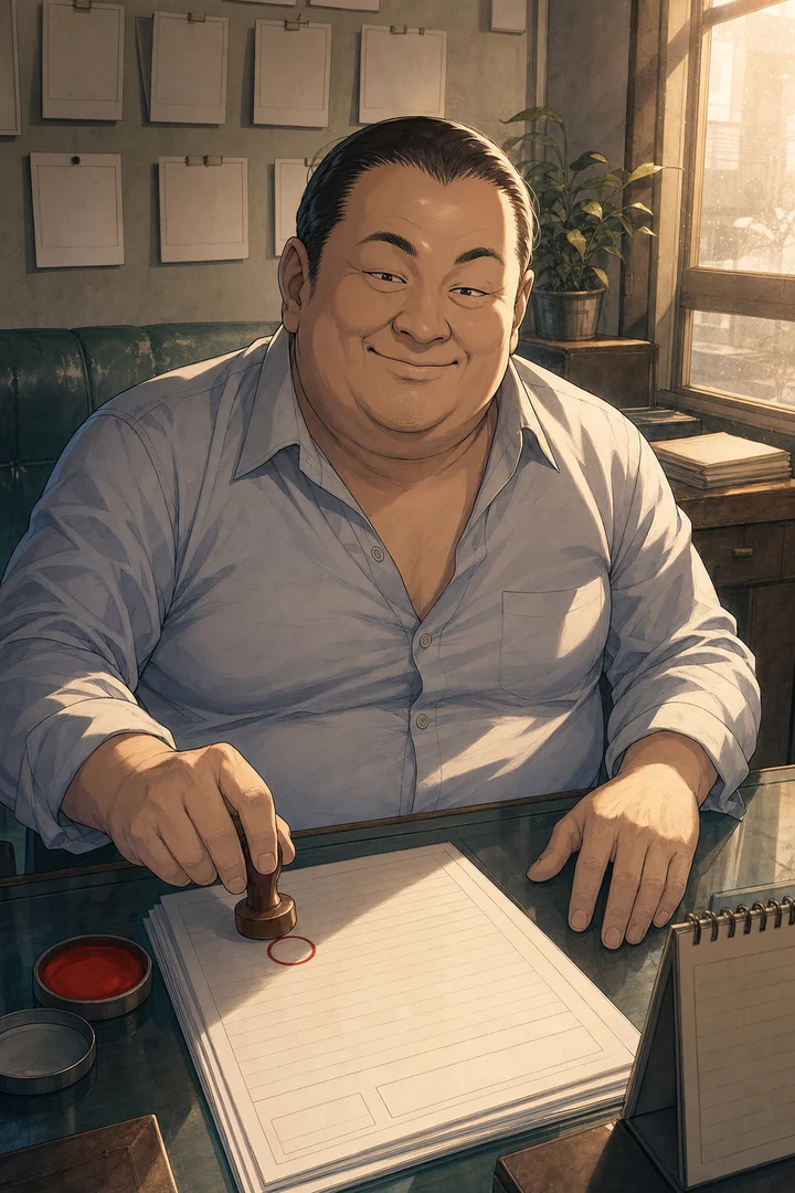 복덕방 책상에서 사람 좋게 웃으며 임대차 계약서에 빨간 인주 도장을 찍는 중년 남자