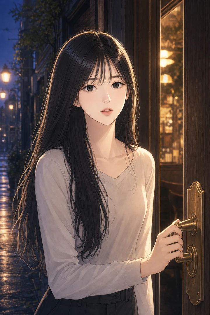 놋쇠 문고리에 손을 얹은 채 멈칫하고, 문틈으로 새어 나오는 따뜻한 빛을 바라보는 여자