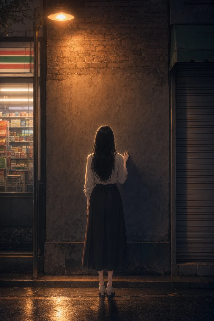 편의점과 닫힌 세탁소 사이, 문이 사라진 빈 벽 앞에 선 여자의 뒷모습