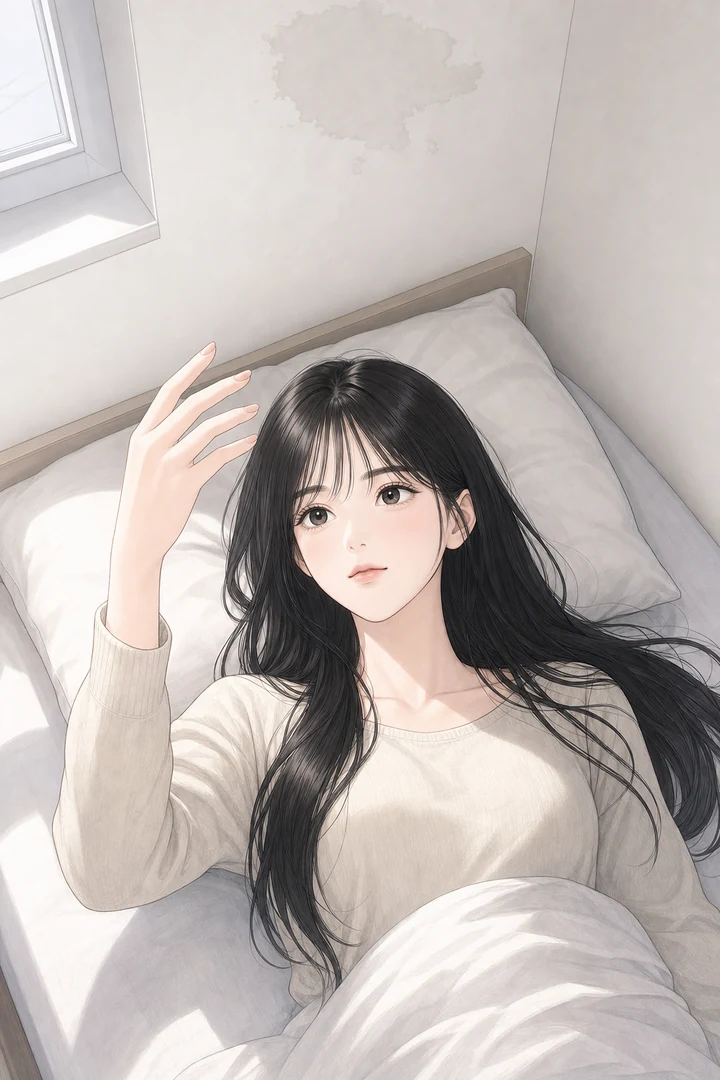 남의 방 침대에 누운 채 손을 들어 낯선 제 손가락을 바라보는 여자