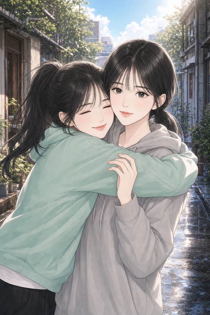 비 갠 아침 골목에서 달려와 여자를 꼭 끌어안은 머리를 높이 묶은 소녀