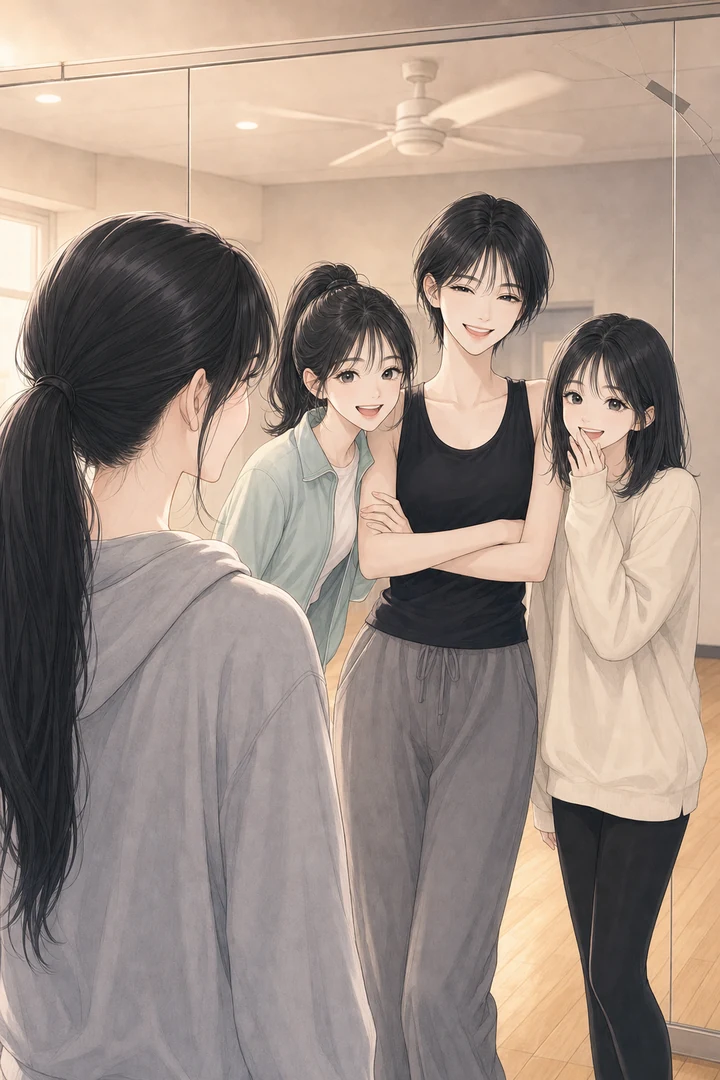 거울 앞에서 셋이 동시에 웃는 모습