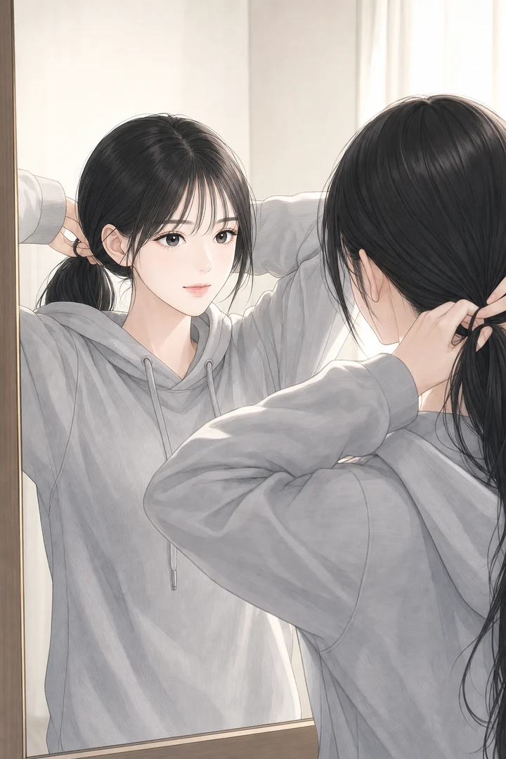 거울 앞에서 후드티를 입고 긴 머리를 하나로 묶는 여자