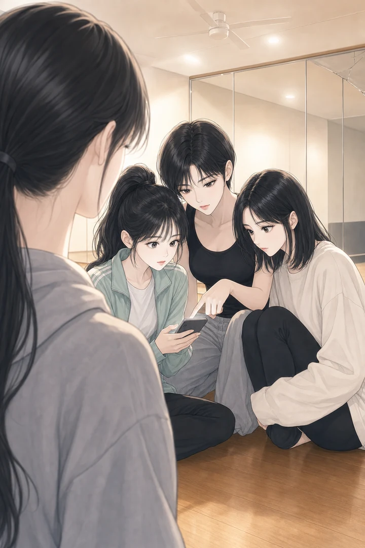 휴대폰 하나에 머리를 맞대고 모인 세 여자