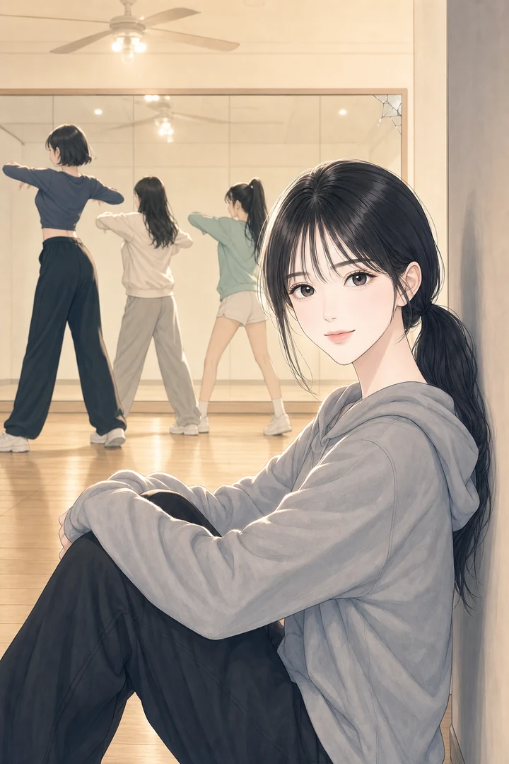 벽에 기대 앉아 거울 앞에서 춤추는 세 사람을 바라보는 여자