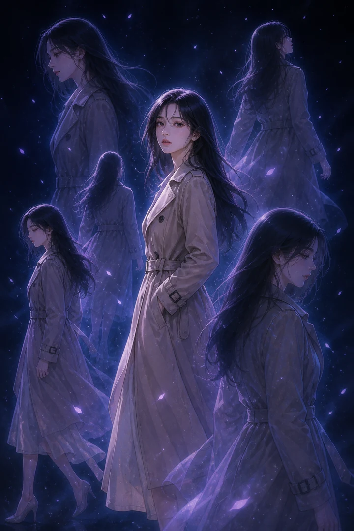 한 사람 위로 반투명하게 겹쳐 흐르는 여러 갈래의 내일